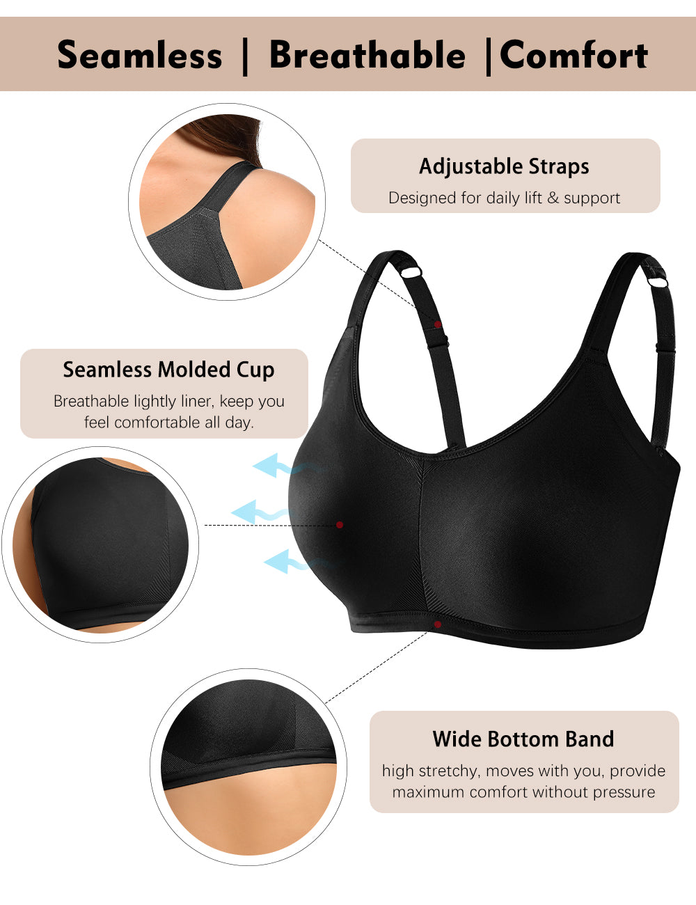 Molasus Bras for Women Seamless Wireless Full-Coverage Adjustable Straps Stretchy Underarm Smoothing Lightly Lined Bra