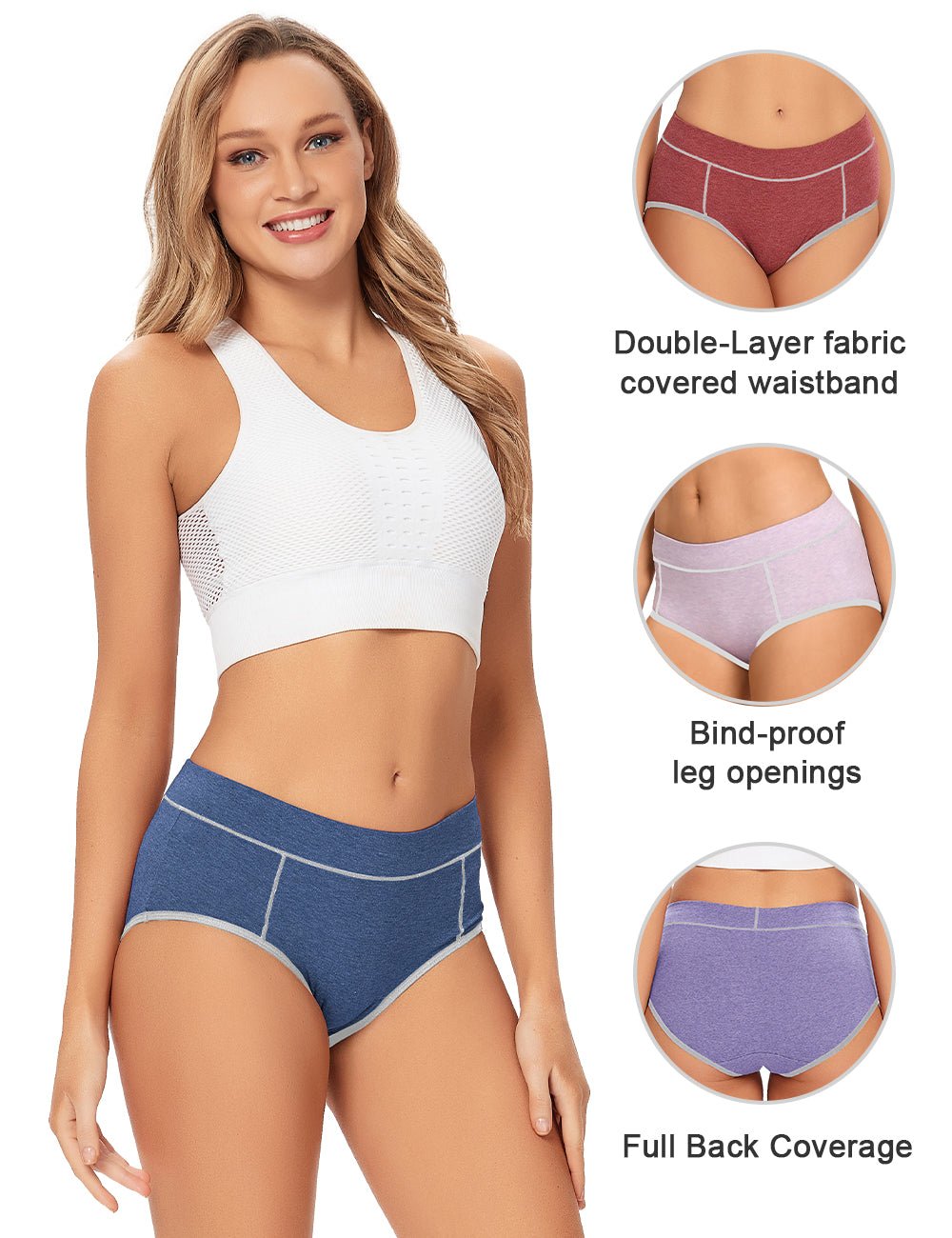 Molasus Women's Soft Cotton Briefs Ladies Mid-High Waisted Full Coverage Panties Multicolor a3