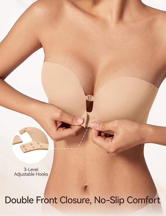 Womens Strapless Front Closure Bra Push Up Lift Bra Padded Add Cup Non Slip Anti-Slip Grip & Removable Straps Fit Outfits Wireless Supportive Seamless Comfortable