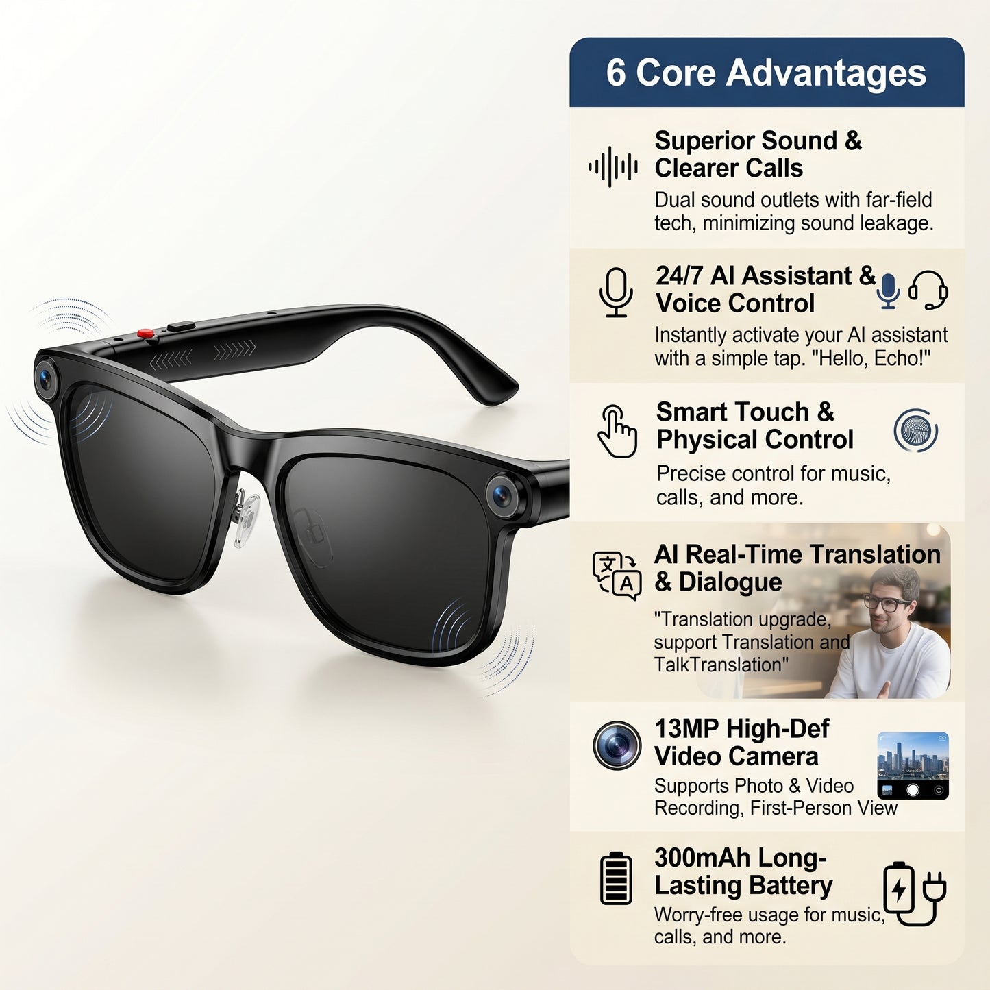 Smart Glasses with 13MP HD Camera, AI Assistant, Translation, Touch Control, Noise-Canceling Audio, 300mAh Battery, First-Person Video & Hands-Free Operation