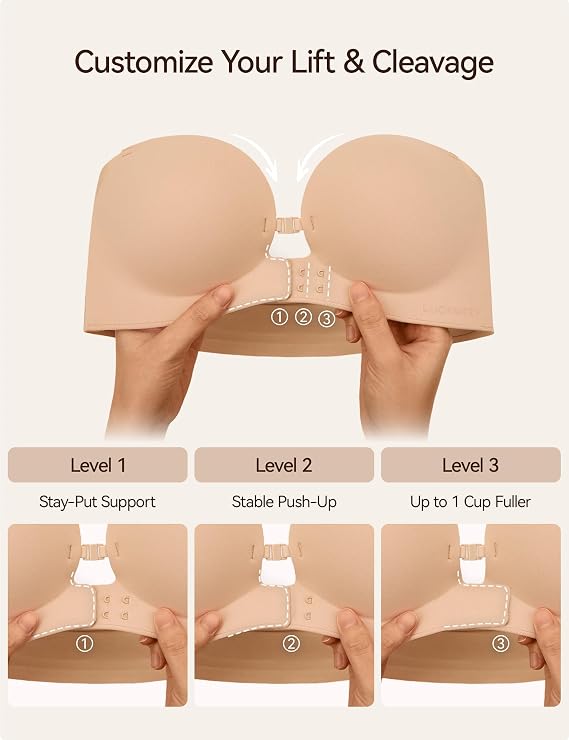 Womens Strapless Front Closure Bra Push Up Lift Bra Padded Add Cup Non Slip Anti-Slip Grip & Removable Straps Fit Outfits Wireless Supportive Seamless Comfortable