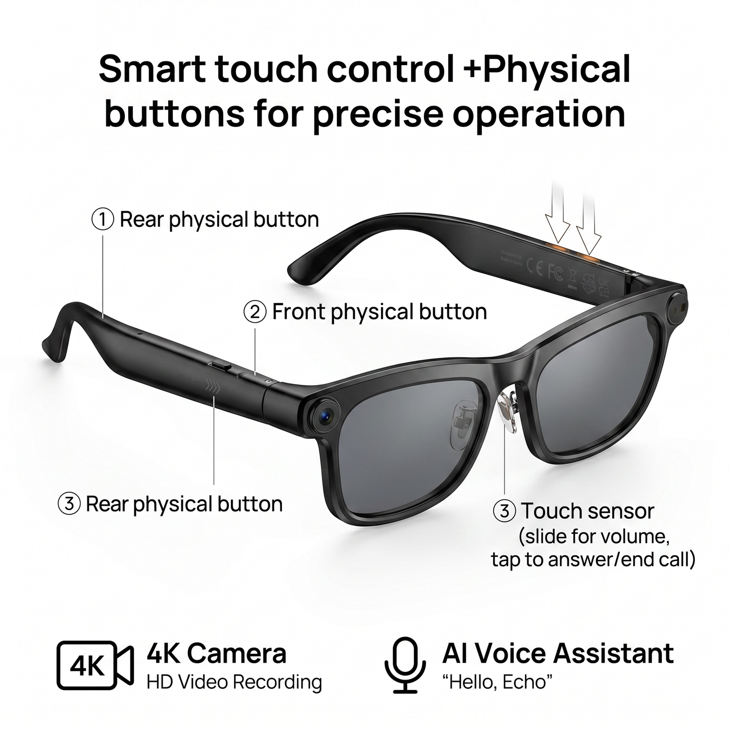 Smart Glasses with 13MP HD Camera, AI Assistant, Translation, Touch Control, Noise-Canceling Audio, 300mAh Battery, First-Person Video & Hands-Free Operation