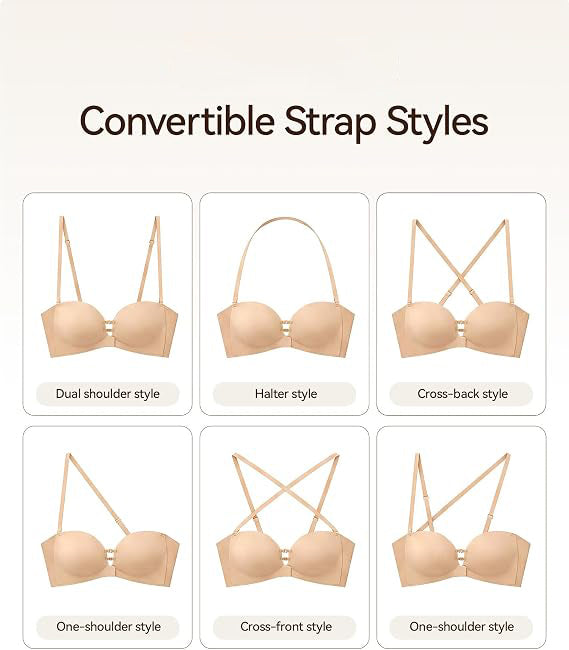 Womens Strapless Front Closure Bra Push Up Lift Bra Padded Add Cup Non Slip Anti-Slip Grip & Removable Straps Fit Outfits Wireless Supportive Seamless Comfortable