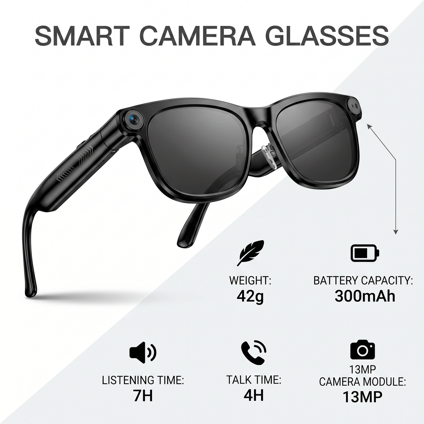 Smart Glasses with 13MP HD Camera, AI Assistant, Translation, Touch Control, Noise-Canceling Audio, 300mAh Battery, First-Person Video & Hands-Free Operation