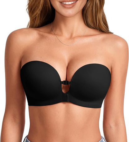 Womens Strapless Front Closure Bra Push Up Lift Bra Padded Add Cup Non Slip Anti-Slip Grip & Removable Straps Fit Outfits Wireless Supportive Seamless Comfortable
