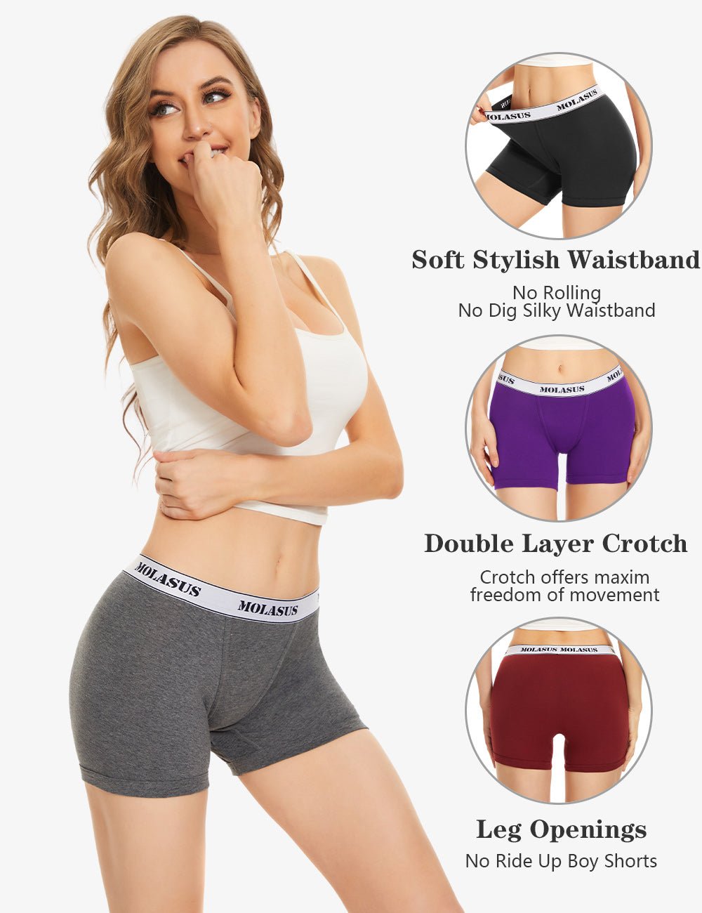 Molasus 4.5" Inseam Womens Cotton Boxer Briefs Underwear Boy Shorts Panties Multicolor1